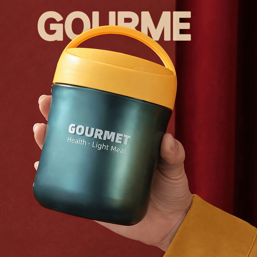 Personne tenant un thermos alimentaire isotherme 500 ml en acier inoxydable avec poignée jaune pour transporter soupe ou repas chaud
