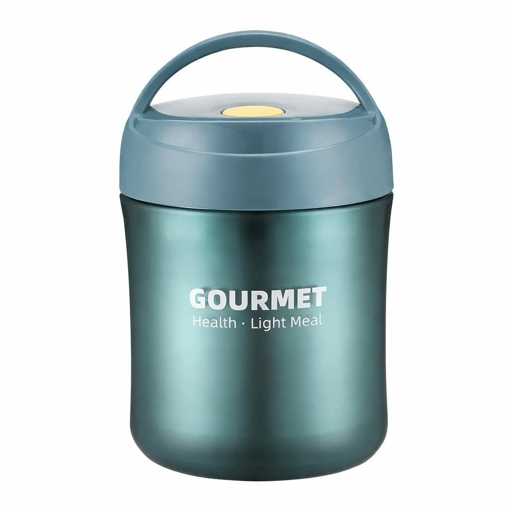 Thermos alimentaire 500 ml en acier inoxydable vert avec poignée, idéal pour transporter soupe ou repas chaud
