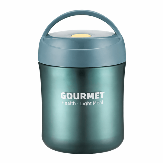 Thermos alimentaire 500 ml en acier inoxydable vert avec poignée, idéal pour transporter soupe ou repas chaud
