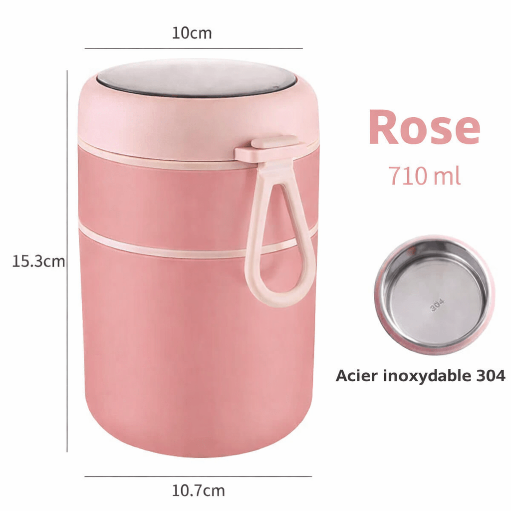 Thermos alimentaire isotherme 710 ml rose en acier inoxydable 304 avec poignée de transport, pot à soupe étanche avec dimensions 15,3 cm de hauteur et 10,7 cm de diamètre.
