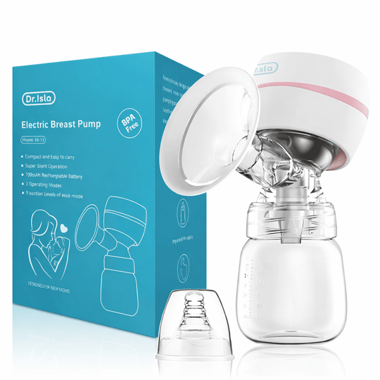 Tire-lait électrique Dr.Isla blanc et rose avec biberon transparent et boîte sans BPA
