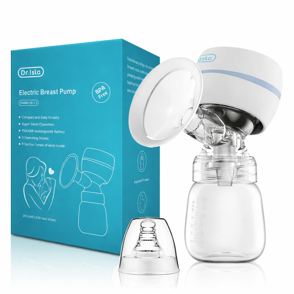 Tire-lait électrique Dr.Isla avec bouteille transparente et boîte produit bleu sans BPA
