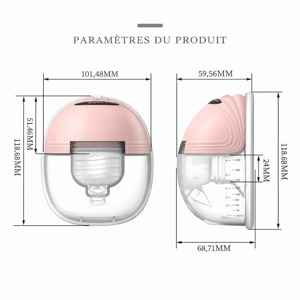 Dimensions du tire-lait électrique mains libres portable avec mesures en millimètres, design compact et facile à transporter