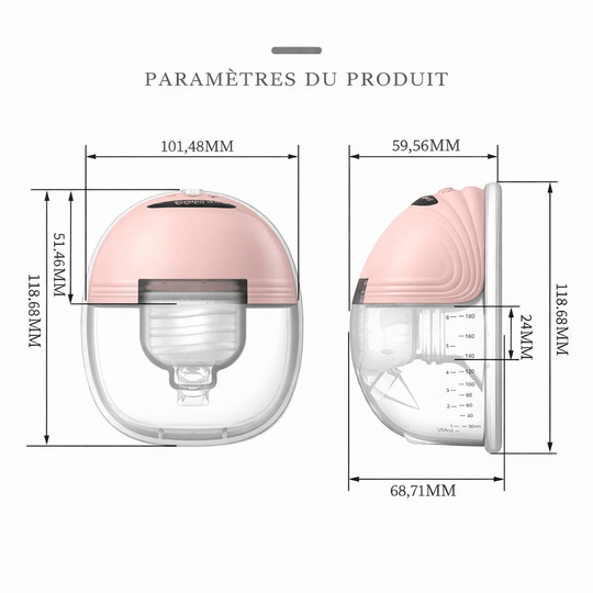 Dimensions du tire-lait électrique mains libres portable avec mesures en millimètres, design compact et facile à transporter