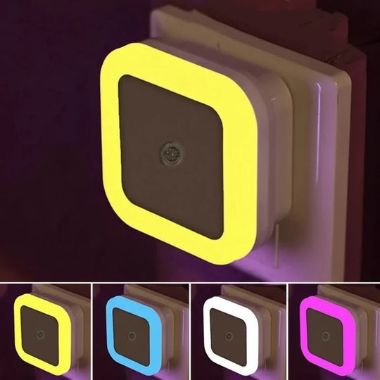 Veilleuse murale LED carrée avec capteur de lumière – couleurs jaune, bleu, blanc et rose – éclairage automatique pour chambre ou couloir – Kalinatur™
